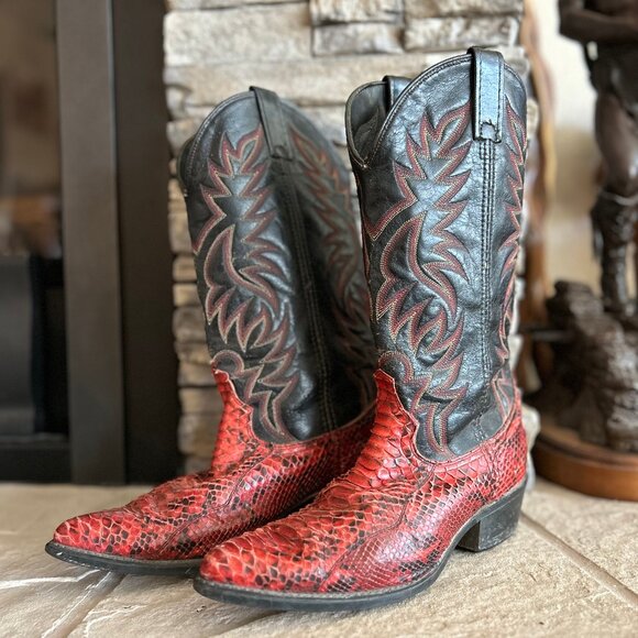 Vintage Red and Black Acme Snakeskin Cowboy Boots - Picture 1 of 8